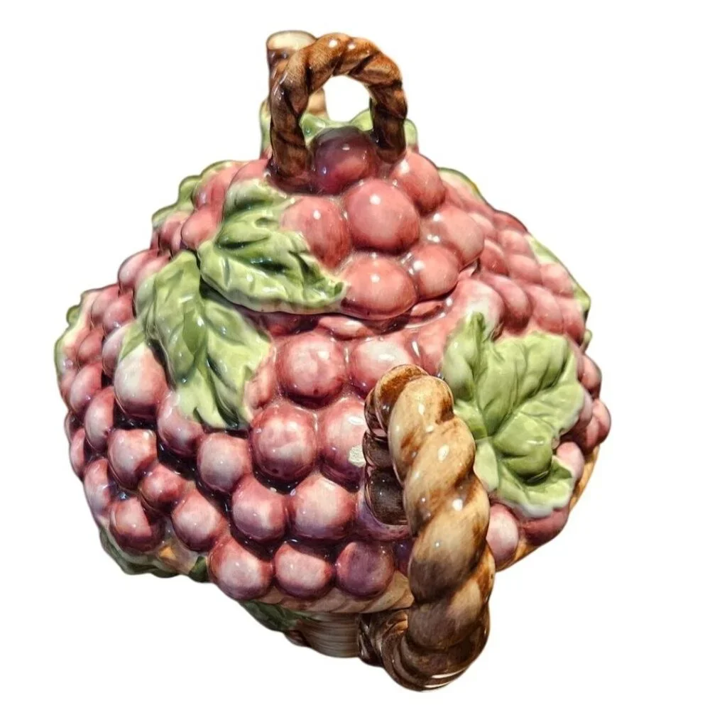 Tea Pot‎ Kitchen Creations Ceramic Grapes Basket & Green Teapot Candle Holder